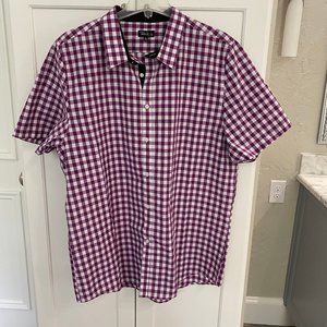 magent and white checkered short sleeve shirt